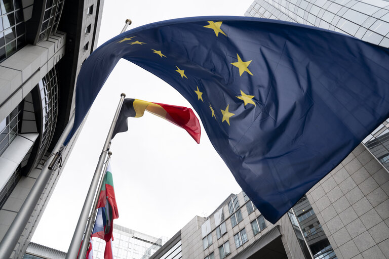 Φωτογραφία 14: European and Austrian flags at half-mast in front of EP buildings in Brussels and Strasbourg, as a sign of European solidarity and out of respect for the victims of the school shooting in Graz, Austria